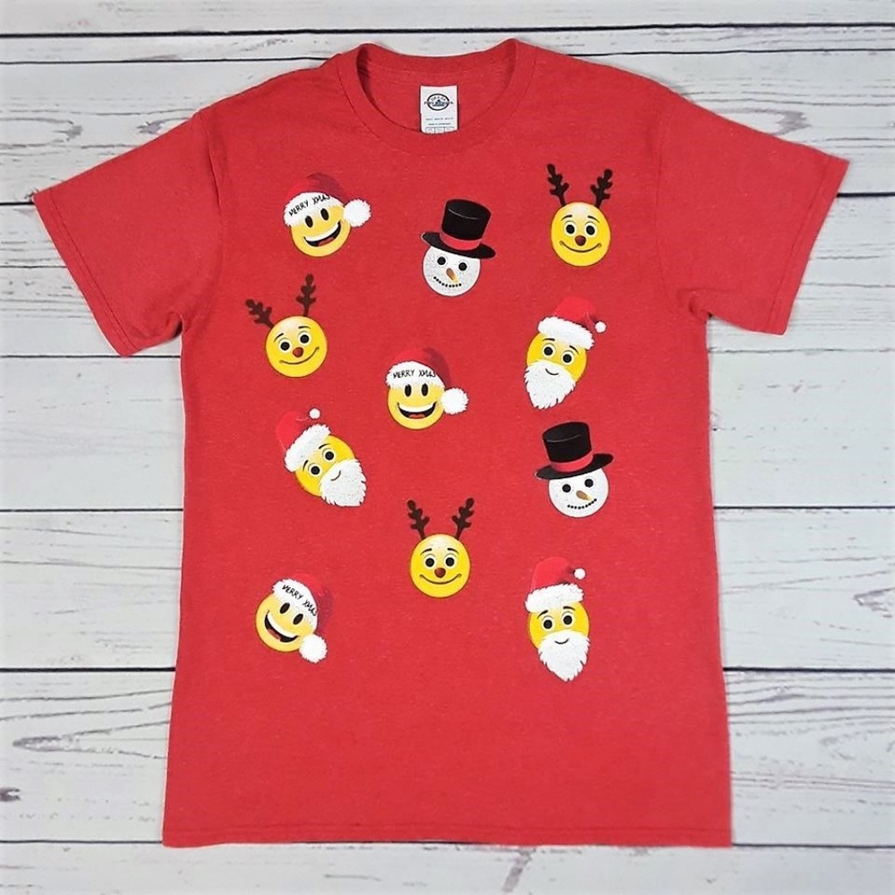 3/$25 Christmas Emoji 100% Cotton T-Shirt, Red, Size Small